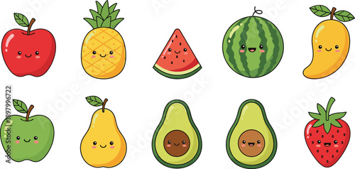 Cute cartoon fruit characters set, kawaii style, apple, pineapple, watermelon, mango, avocado, strawberry, pear illustration design
