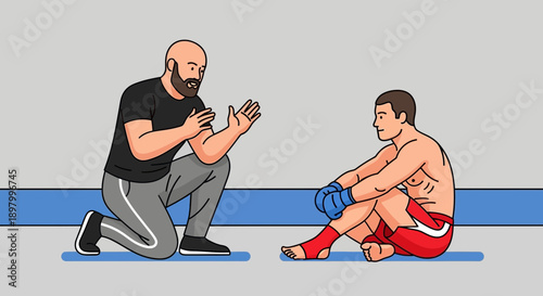 A focused trainer provides guidance to a seated fighter on a mat in a combat sports setting