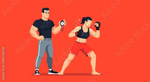 Fitness coach times a determined female boxer during an intense training session.