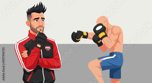 MMA Trainer Contemplating Fighter's Training Session in Gym Setting