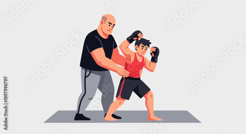 Coach guiding a young fighter in boxing stance, promoting skill development and combat training
