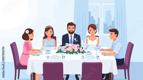 Wedding party seated at a table with floral arrangement and cityscape backdrop