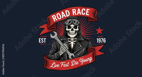 Graphic design of a skeleton in a leather jacket holding a wrench on a dark background with red accents.