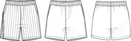 Men's Shorts Technical Fashion Flat Sketch Vector Template Set Featuring Front and Back Views with Striped Pattern