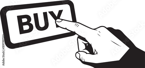 A hand pointing at a button labeled buy in a black and white illustration Vector