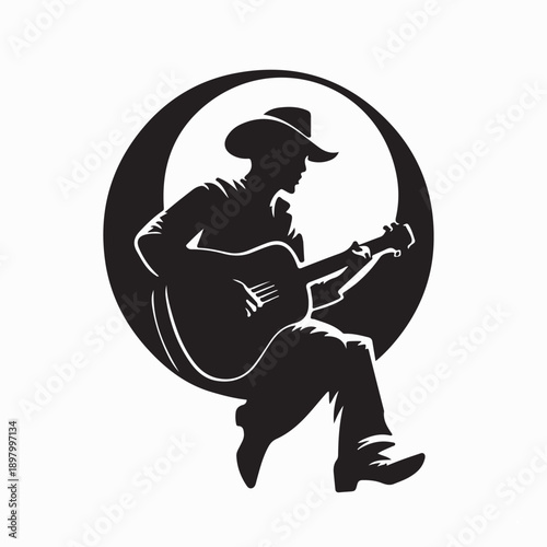 Cowboy playing guitar. Silhouette Man cowboys playing acoustic guitars in wearing cowboy hat