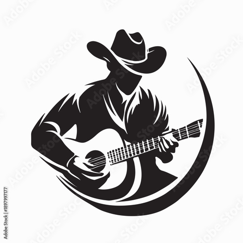 Cowboy playing guitar. Silhouette Man cowboys playing acoustic guitars in wearing cowboy hat