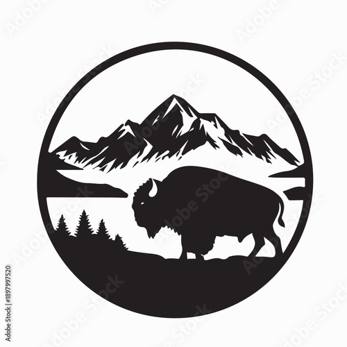 American Bison standing in front of mountains silhouette vector