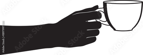 A black hand holding a white cup against a white background Vector