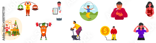 Collection of people doing various activities in daily life isolated on transparent background, Vector