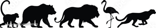 Photography Black silhouette of wild animals including monkey, grizzly bear, lion, pink flam
