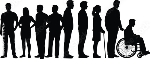 Diverse group silhouette, standing row, inclusion, wheelchair and cane, age and ability variation, black figures, flat vector illustration