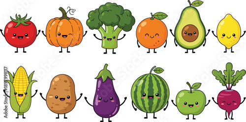 Cute cartoon fruits and vegetables characters set isolated on white background, healthy food mascot illustration for kids design vector style