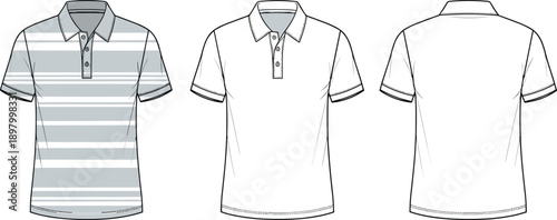 Vector set of men's polo shirt technical fashion flats showing striped front, plain front, and back views.