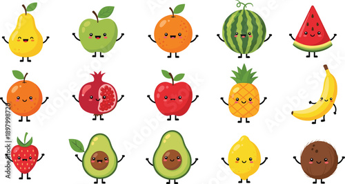 Cute fruit characters set, kawaii cartoon food illustrations, apple banana orange watermelon avocado lemon coconut, smiling vector icons, kids design