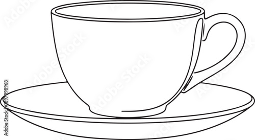 A delicate white tea cup with saucer drawn in black and white line art style Vector