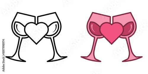 Valentine's Day romantic toast two wine glasses with heart, symbolizing love and joy