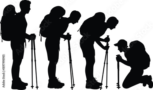 Hiker silhouette sequence, trekking, kneeling, exploring, backpack, movement stages, outdoor activity, discovery, nature, adventure, dynamic pose, flat vector illustration