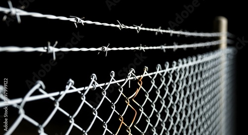 Barbed wire and chain link fence at night with dark background