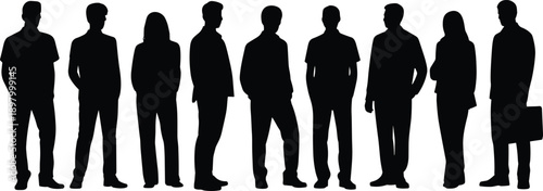 Nine people silhouette, diverse postures and attire, standing row, casual and professional mix, black figures, flat vector illustration