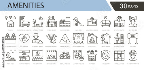 Amenities icons set showing hotel, home, office and public facilities including wifi, parking, swimming pool, gym, spa, breakfast, security, air conditioning, room service and comfort.