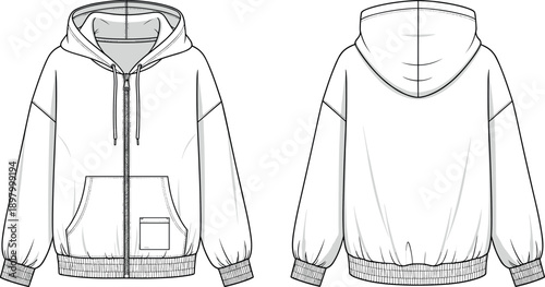 Vector Technical Flat Sketch of Oversized Zip-Up Hoodie with Kangaroo Pockets, Dropped Shoulders, and Elastic Ribbed Cuffs and Hem