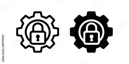 Security Settings Lock Gear Icon Set – Black and White Flat Symbol