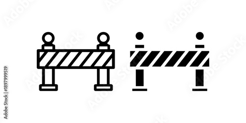 Road Barrier Construction Icon Set – Black and White Flat Symbol