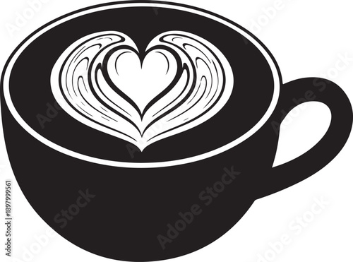 A beautiful black and white illustration of a cup of coffee with a heart-shaped latte art Vector