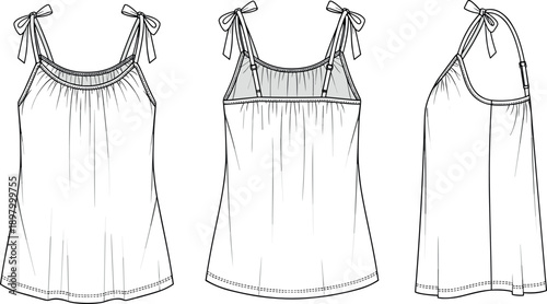 Women's gathered camisole top technical fashion flat sketch with tie shoulder straps front back side view vector.