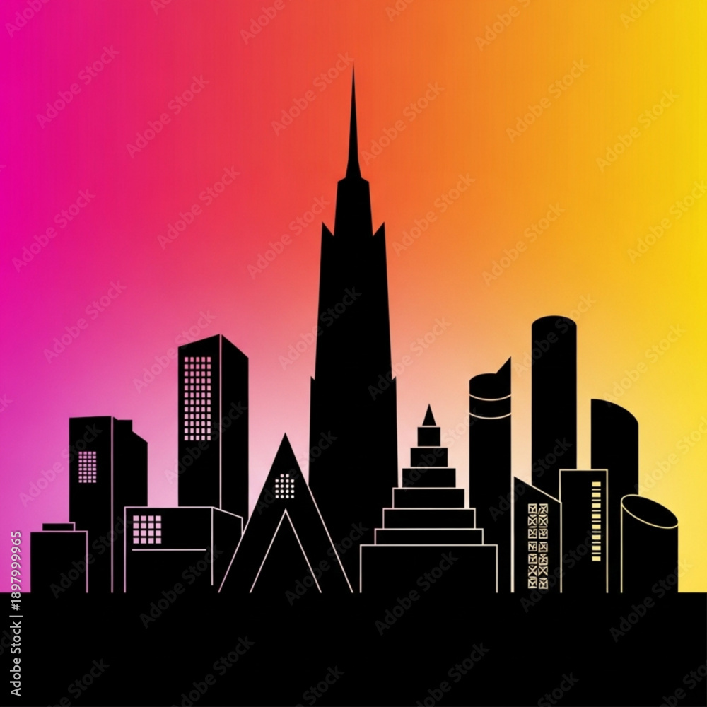 Obraz premium A colorful city skyline silhouette at sunset with a gradient background