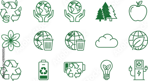 Green recycling and sustainability icons set, eco friendly symbols, environmental protection, clean energy, nature care, climate change concept design