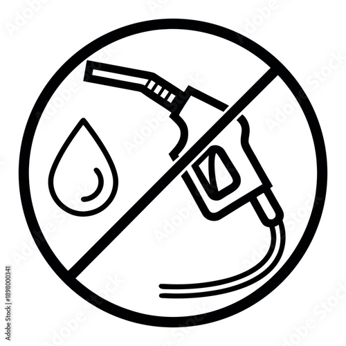 No fuel symbol with a fuel pump and droplet icon crossed out, representing a prohibition against gasoline or diesel usage in vehicles or machinery