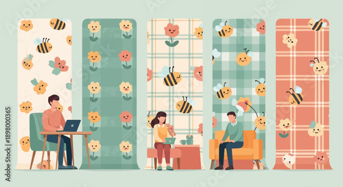 People working and relaxing amidst cheerful bees and flowers on patterned backdrops