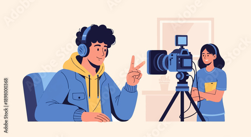 People recording video content using camera and headphones