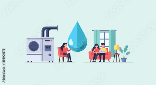 People interact near cooling unit, water drop, and home interior