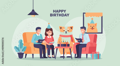 People and dog celebrate birthday with cake and gifts