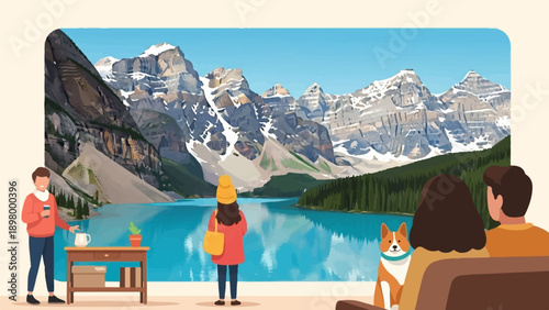 People and dog admire majestic snow-capped mountains reflecting in a blue lake