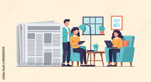 People working and reading in a modern indoor setting with a newspaper