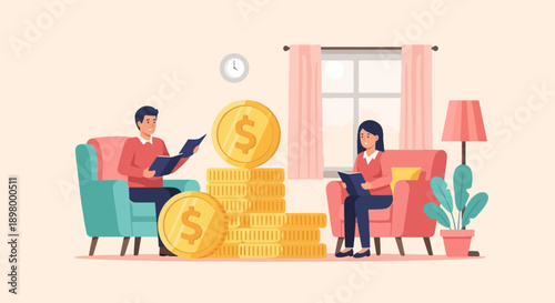 People reading books with stacks of gold coins and dollar symbols