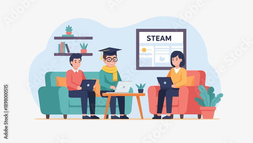 People using laptops in a room with a STEAM sign on the wall