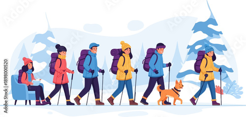 People and dog hiking in a snowy, winter forest, carrying backpacks and using poles