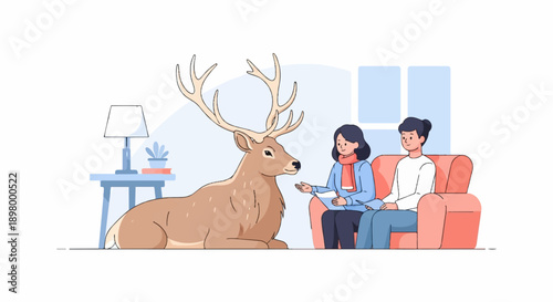 People and deer in a cozy room with furniture