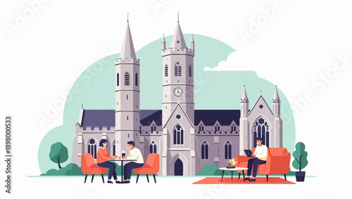 People relax and work outside a historic church building with outdoor seating