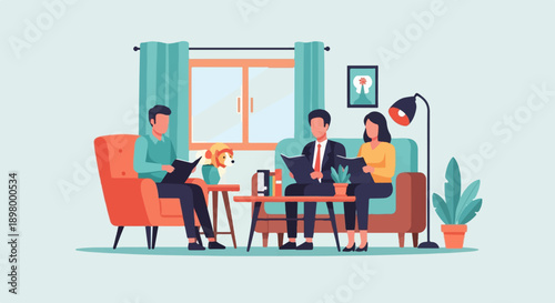 People reading books in a cozy living room with a dog and plants