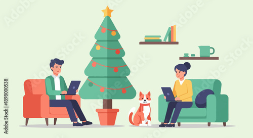 People using laptops near a Christmas tree with a dog