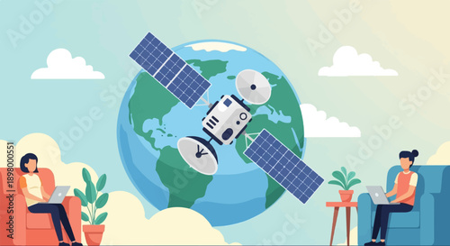 People using laptops in chairs with a satellite orbiting Earth