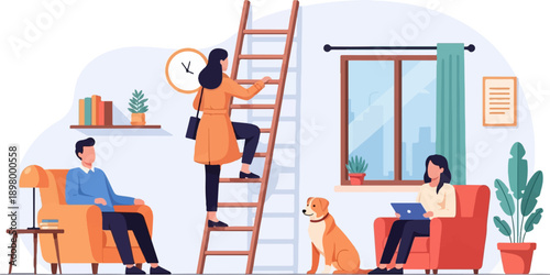 People indoors with dog, one climbs ladder, one uses laptop
