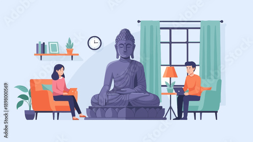 People using laptops near a large Buddha statue in a room
