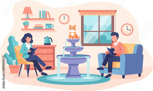 People reading and a cat on a fountain in a cozy room